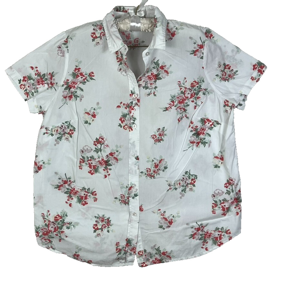 Woman Within Shirt Blouse Womens Sz L Red Floral Pattern White Button Front Top